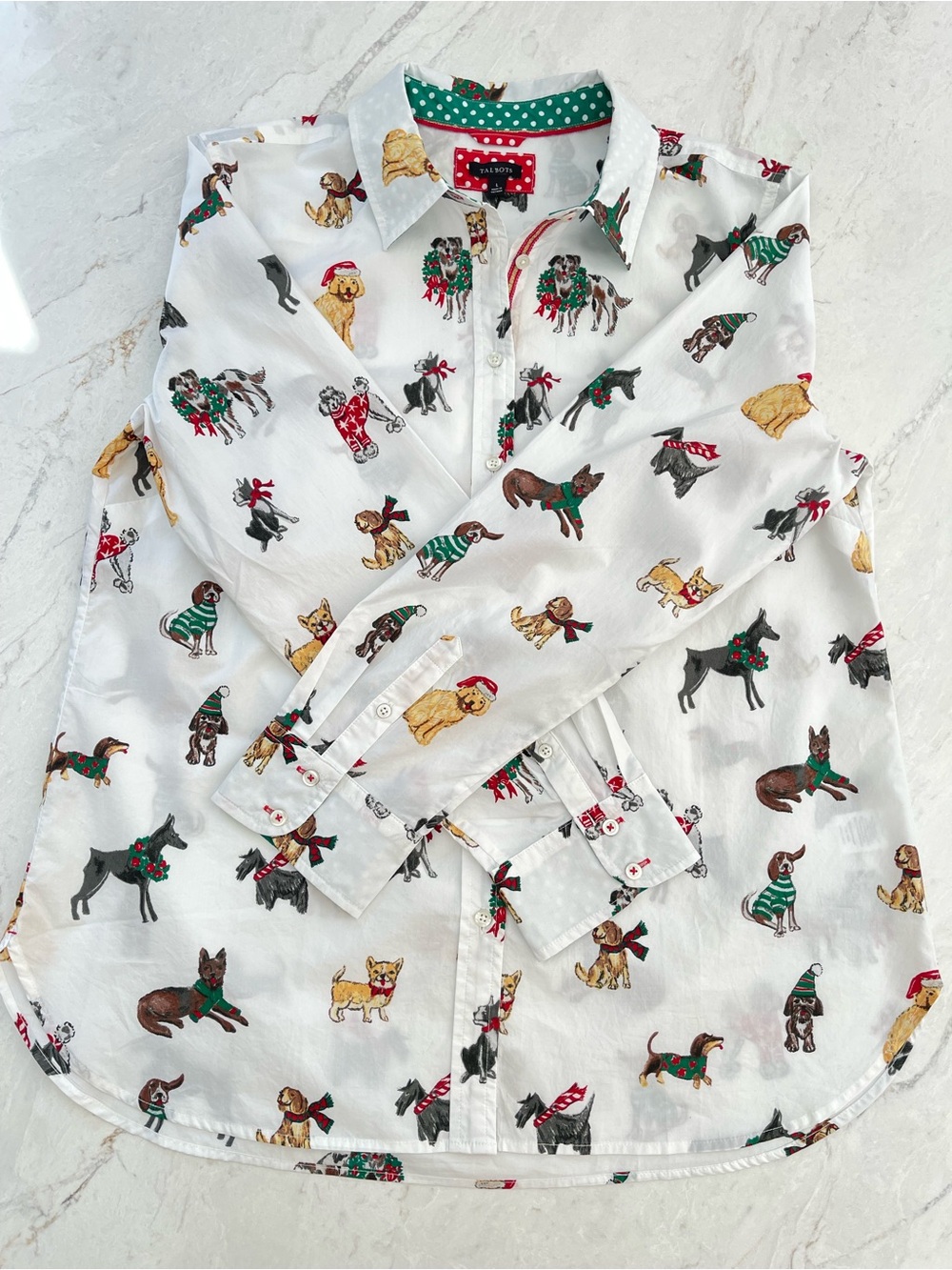 Talbots White Cotton Festive Button-Front Shirt "Dogs of Christmas" Print, Large - Picture 13 of 13